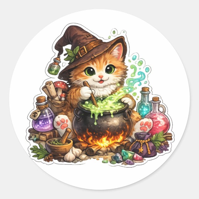 Potion Brewing Witch Cat Sticker (Front)