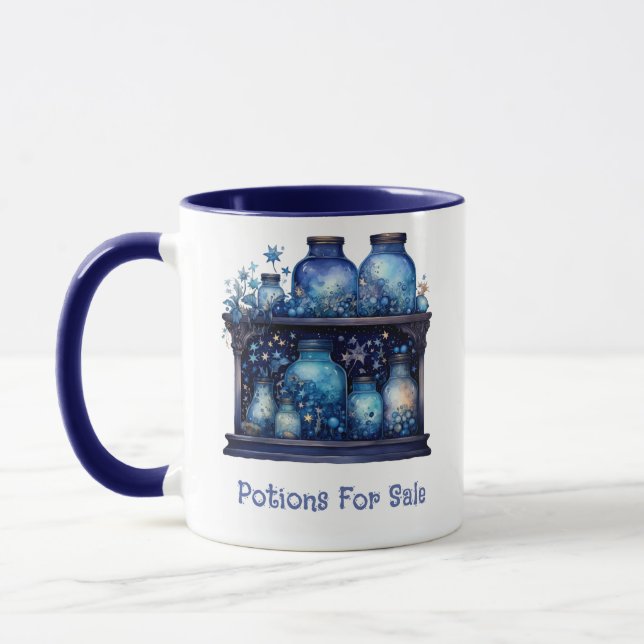 Potions For Sale Modern Blue and White Halloween Mug (Left)