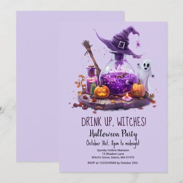Potions Pumpkin Ghost Witch Hat Halloween Party  Invitation (Front/Back)