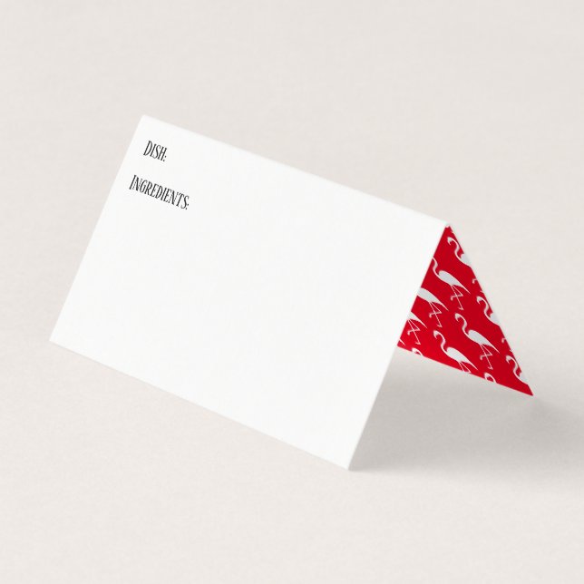 Potluck Dish Recipe Tent Cards Flamingos on Red (Front)