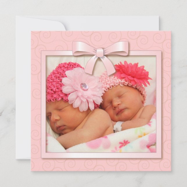 Pots roses Twin Girls Baby Photo Faire-part de nai (Devant)