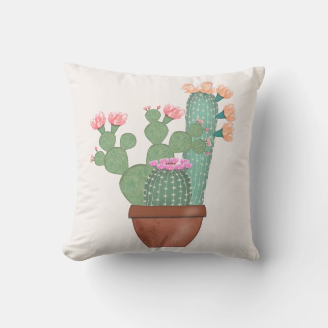 Potted Blooming Cactus Watercolor Outdoor Pillow (Front)