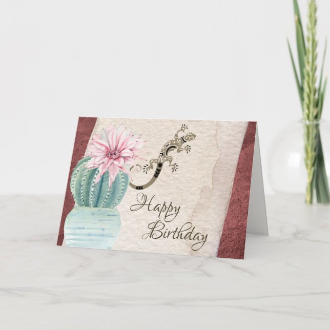 Potted Cactus and Lizard Southwestern Birthday Card (Front)