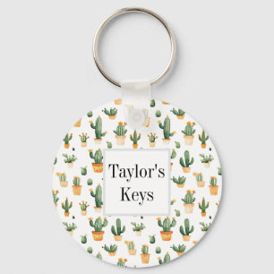 Potted Cactus on White Keychain