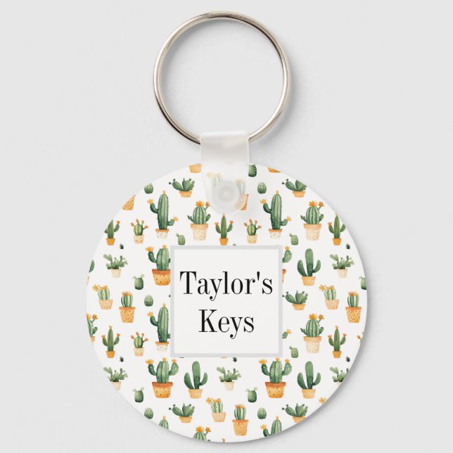 Potted Cactus on White Keychain (Front)