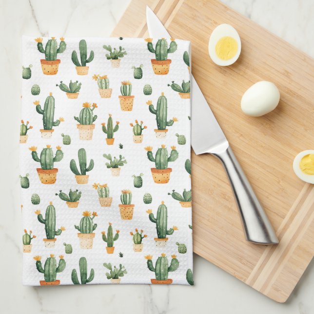 Potted Cactus on White Kitchen Towel (Quarter Fold)