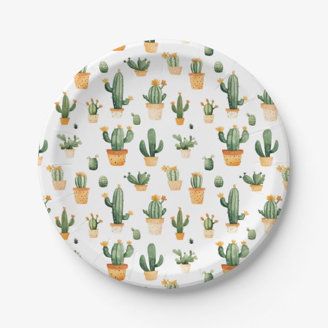 Potted Cactus on White Paper Plate (Front)
