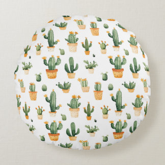 Potted Cactus on White Round Pillow