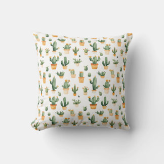 Potted Cactus on White Throw Pillow