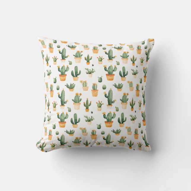Potted Cactus on White Throw Pillow (Front)