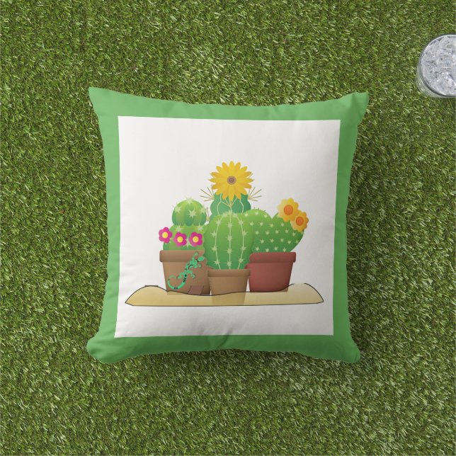 Potted Cactus Plants Outdoor Porch Throw Pillow (Grass)