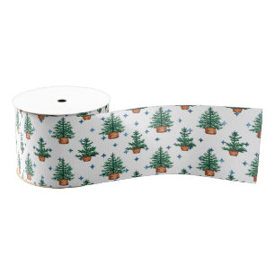 Potted Christmas Tree Farmhouse Holiday Pattern Grosgrain Ribbon