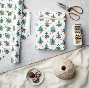 Potted Christmas Tree Farmhouse Holiday Pattern Wrapping Paper