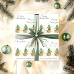 Potted Fir Tree and Gift Personalized Christmas Wrapping Paper<br><div class="desc">Personalized Christmas wrapping paper with potted fir trees and parcel,  gift wrapped in rustic kraft paper with sprig of pine. Handwritten style typography reads Merry Christmas Happy New Year and you can customize with your sign off and name(s). Matching gift tags,  address labels,  stickers etc available in my store.</div>
