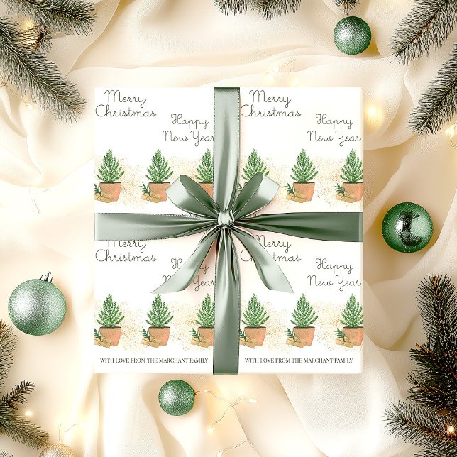 Potted Fir Tree and Gift Personalized Christmas Wrapping Paper (Personalized Christmas wrapping paper)