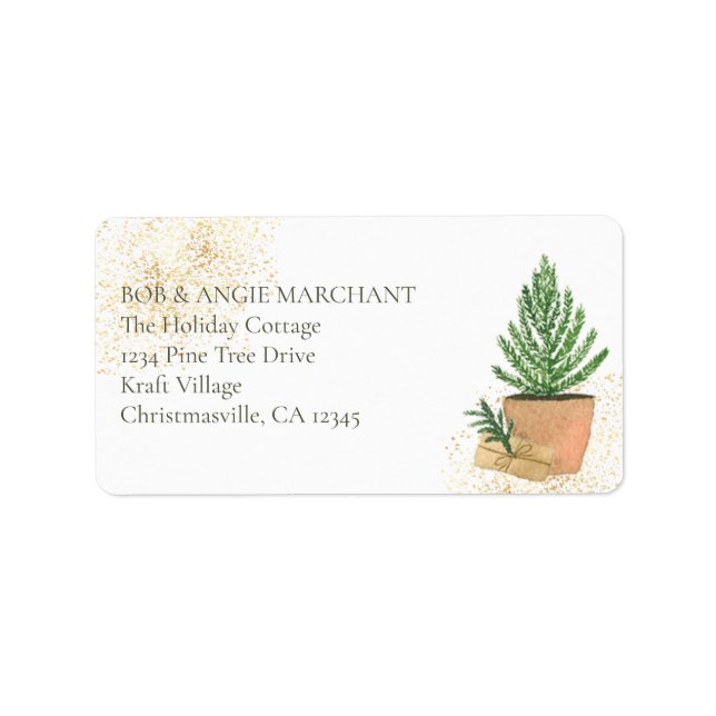 Potted Fir Tree Watercolor Winter Address Label (Front)