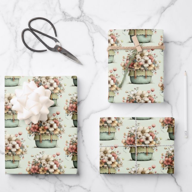 Potted Flowers Cozy Shabby Cute Pattern Wrapping Paper Sheet (Front)