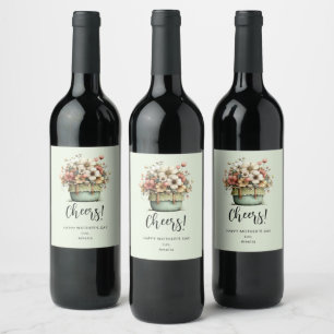 Potted Flowers Cozy Shabby Style Cute Mother's Day Wine Label