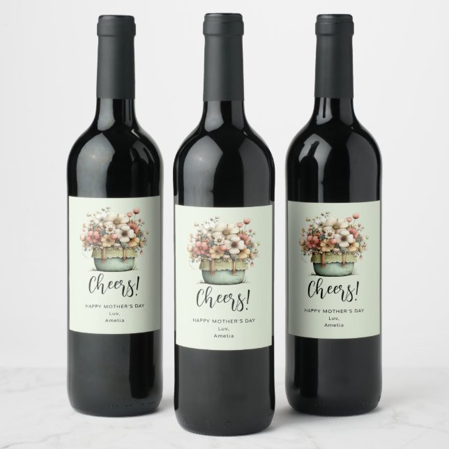 Potted Flowers Cozy Shabby Style Cute Mother's Day Wine Label (Bottles)