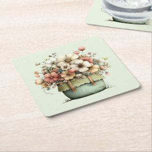 Potted Flowers Cozy Shabby Style Cute Square Paper Coaster