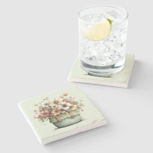 Potted Flowers Cozy Shabby Style Cute Stone Coaster