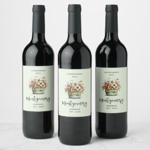 Potted Flowers Cozy Shabby Style Cute Wine Making Label
