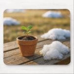 Potted Green Plant with Melting Snow Mouse Pad<br><div class="desc">A tiny green sapling is growing in a clay pot,  accompanied by a pile of melting snow on a wooden table</div>