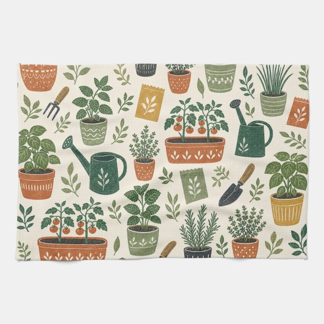 Potted Herbs and Kitchen Garden Botanical Pattern Towel (Horizontal)