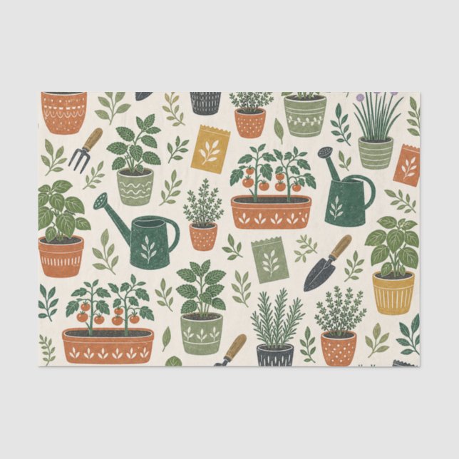 Potted Herbs and Tomato Garden Botanical Pattern Tissue Paper (Front)