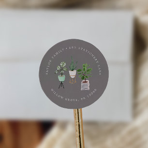 Potted House Plants   Grey Circular Return Address Classic Round Sticker