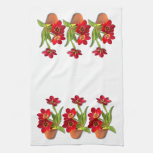 Potted Mature Red Tulips Photograph Kitchen Towel