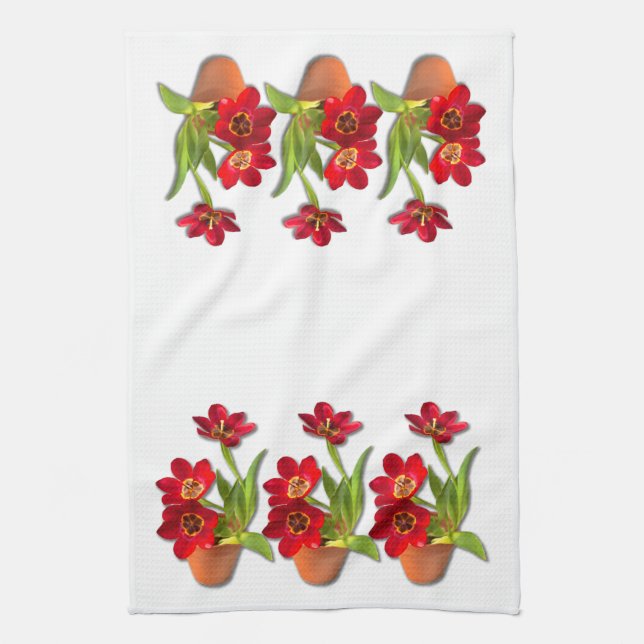 Potted Mature Red Tulips Photograph Kitchen Towel (Vertical)