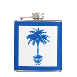 Potted Palm Tree - cobalt blue and white Hip Flask