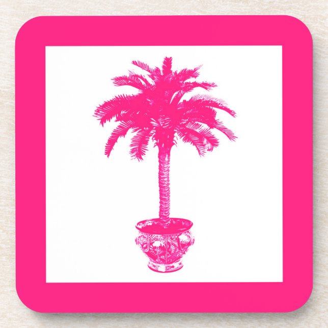 Potted Palm Tree - fuchsia pink and white Coaster (Front)