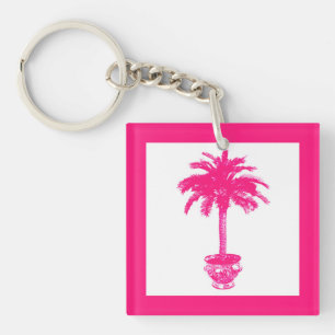Potted Palm Tree - fuchsia pink and white Keychain