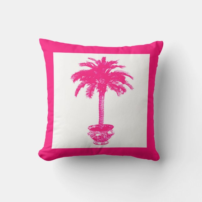 Potted Palm Tree - fuchsia pink and white Throw Pillow (Front)