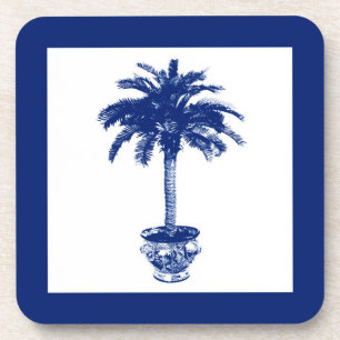 Potted Palm Tree - navy blue and white Coaster