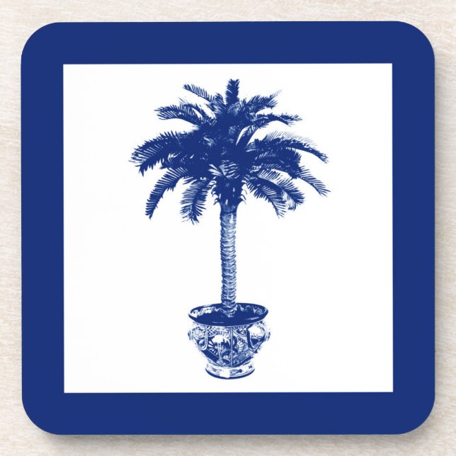 Potted Palm Tree - navy blue and white Coaster (Front)