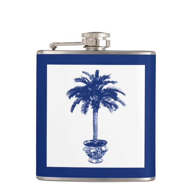 Potted Palm Tree - navy blue and white Hip Flask (Front)