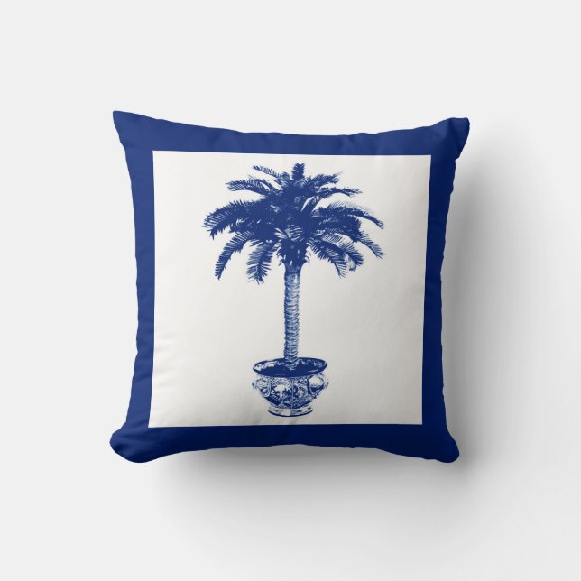 Potted Palm Tree - navy blue and white Throw Pillow (Front)
