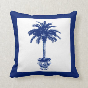 Potted Palm Tree - navy blue and white Throw Pillow