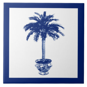 Potted Palm Tree - navy blue and white Tile