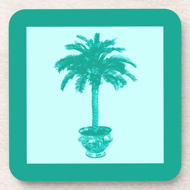 Potted Palm Tree - turquoise and aqua Coaster (Front)