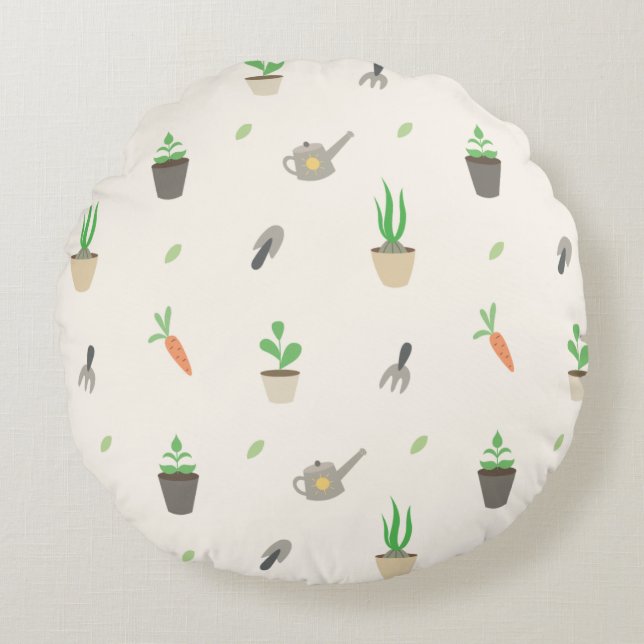Potted Plants & Gardening Tools Pattern Round Pillow (Front)