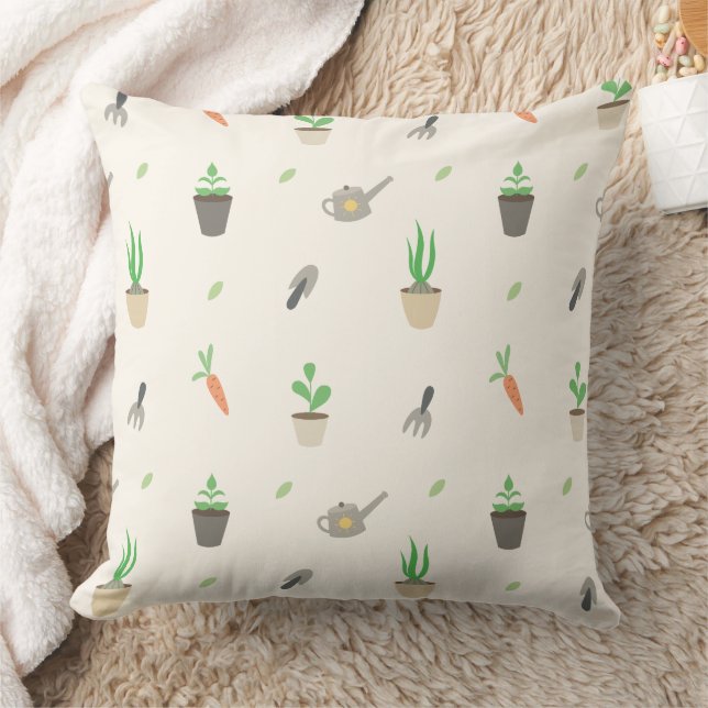 Potted Plants & Gardening Tools Pattern Throw Pillow (Blanket)