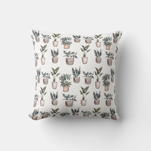 Potted Plants On White Throw Pillow (Front)