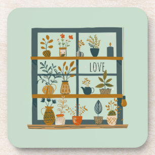 Potted Plants On Window Sill Cute Love Coaster