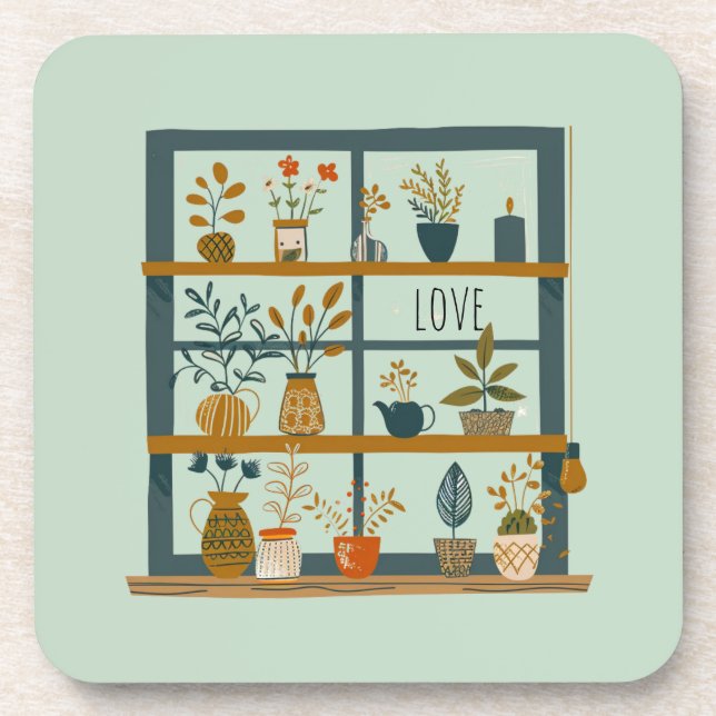 Potted Plants On Window Sill Cute Love Coaster (Front)