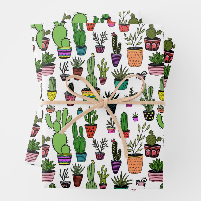 Potted Plants Succulents Cacti Colourful Cute Gift Wrapping Paper Sheet (In situ)