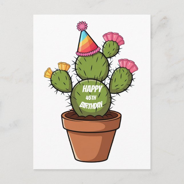 potted prickly pear cactus with birthday hat postcard (Front)